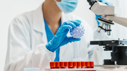 Close up scientist conducting precise virus lab test, scientific methodology, microbiologist conducting virus detection and testing in progress
