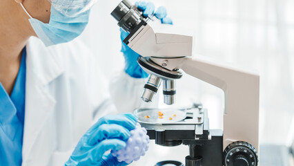 Close up scientist conducting precise virus lab test, scientific methodology, microbiologist conducting virus detection and testing in progress