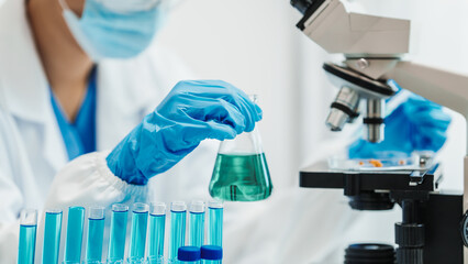 Close up scientist conducting precise virus lab test, scientific methodology, microbiologist conducting virus detection and testing in progress