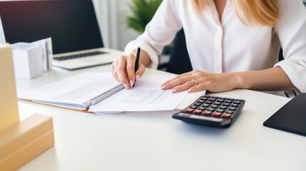 Accounting financial research, government taxes and calculation tax return concept.Businesswoman using the laptop computer and calculator tax online return form for payment.Generative AI