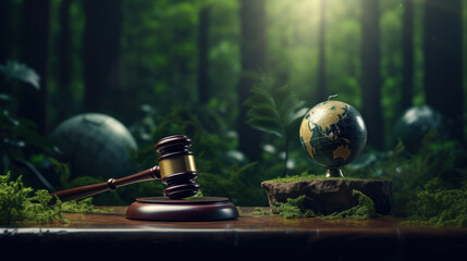 International Environmental law concept. World and gavel with scales of justice and hammer on a green forrest background, global economic regulation.Generative AI - obrazy, fototapety, plakaty