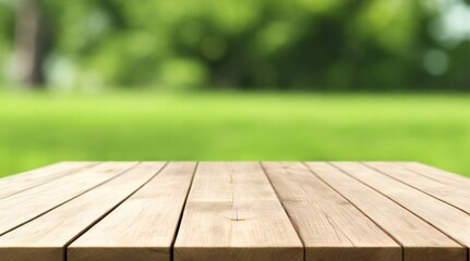 Empty wooden table with blurred nature greenery in the background. For product display or showcase 
