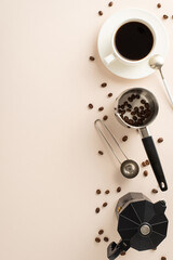 Brewed Bliss: Top view vertical image featuring coffee beans, espresso cup on saucer, coffee turk, barista's spoon, and kettle on a soothing beige surface, perfect for your message
