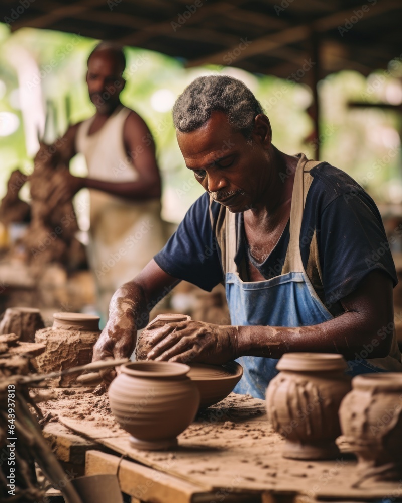 Poster a man makes a clay pot in a workshop.