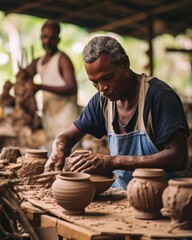 A man makes a clay pot in a workshop.