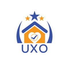 UXO House logo Letter logo and star icon. Blue vector image on white background. KJG house Monogram home logo picture design and best business icon. 
