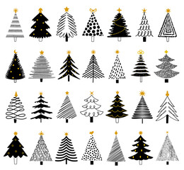 Vector set of doodle christmas tree with star. Hand drawn collection of ink fir shape, doodle drawing woods - 643938006