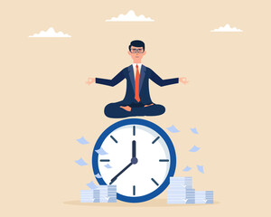 Business sitting on huge clock and doing meditation to improve business before time runs out Business deadline concept.