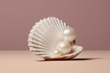 White pearls in a seashell on a pink background.