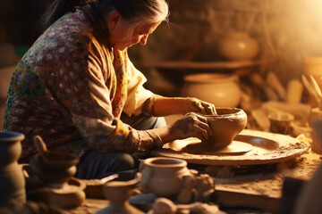 woman doing pottery at home, close up view