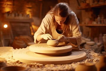 Fototapeta na wymiar woman doing pottery at home, close up view
