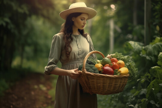 Stylish woman with basket full of vegetables in garden
