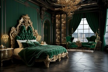 Luxurious bedroom styled in opulent baroque era with rich malachite color and modern interior. Generative AI