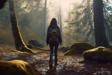 Woman with backpack walking in rainy forest