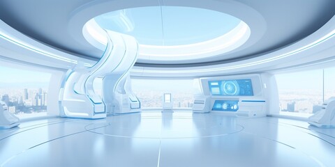 Modern interior futuristic clinic. White corridor
