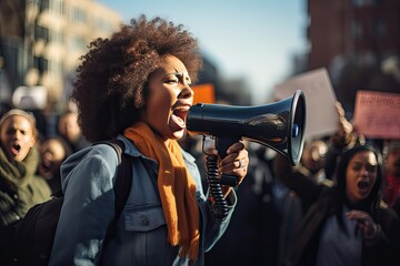 Portrait of a radicalized young black woman. A young African American woman is chanting her demands through a megaphone. Crowd of demonstrators on background.