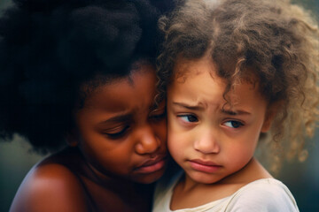 sad kids, the oldest kid comfort her sibling. - 643939421