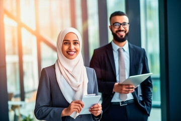 Fototapeta na wymiar muslim businesswoman with co-worker in an office