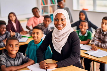 muslim female teacher in front of her class - 643939487