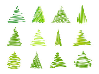 Scribble Christmas tree set. Doodle Christmas trees group. Hand drawn pine trees collection. Holiday decoration element. Xmas fir symbols. Ornaments isolated on white background. Vector illustration. 