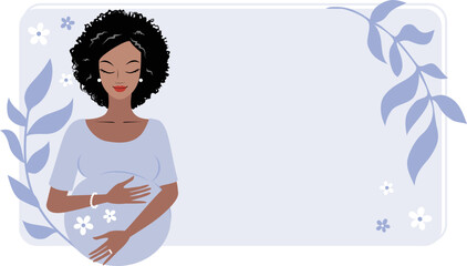 Pretty young dark skin pregnant woman with a blue empty floral background for custom text