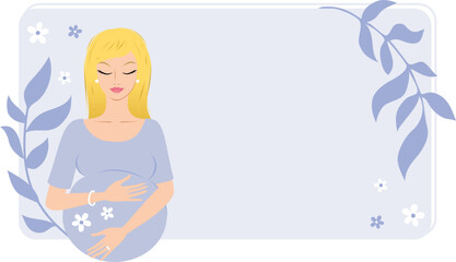 Pretty young blonde pregnant woman with a blue empty floral background for custom text
