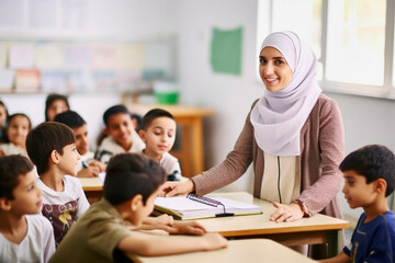 muslim female teacher in front of her class - obrazy, fototapety, plakaty