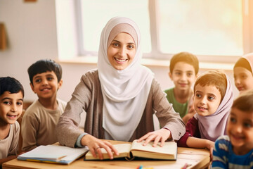Fototapeta na wymiar muslim female teacher in front of her class