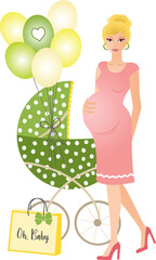 Pretty young blonde pregnant woman with a green pram and balloons