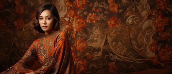 Asian woman in traditional clothes and fabric background
