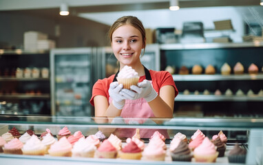 Girl presenting cupcakes, working in a cupcake store