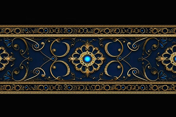 A blue and gold background with a border with gold and turquoise beads, Generative AI