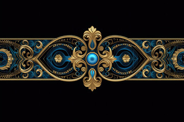 A blue and gold background with a border with gold and turquoise beads, Generative AI