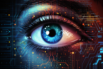 concept of cyber security awareness vs hacker , virus, eye scan , fingerprint ,key , biometric protection
