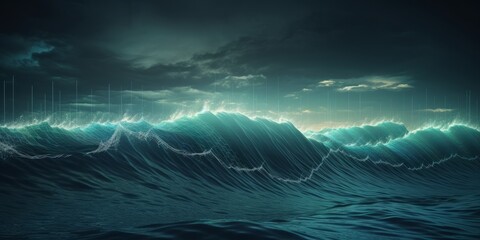 Stock Market Graph Superimposed on an Ocean with Crushing Waves, Evoking the Stormy Nature of the Stock Exchange. Reflecting Black Friday, Gains, and Losses in the Face of Market Volatility