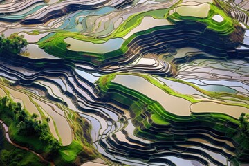 abstract patterns of curved rice terraces