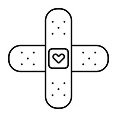 Medical cute illustration of band aid with a heart in outline style. Medical bandage plaster line icon. .