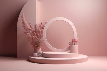 Simplistic nature setup on pink backdrop featuring stage, circle podium, soft rose shadows, and cosmetic product pedestal. Generative AI