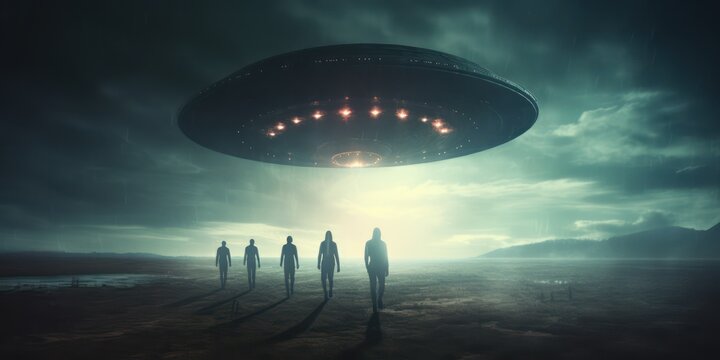 Night photo of UFO - alien spaceship. Several people are fascinated looking at the UFO at night.