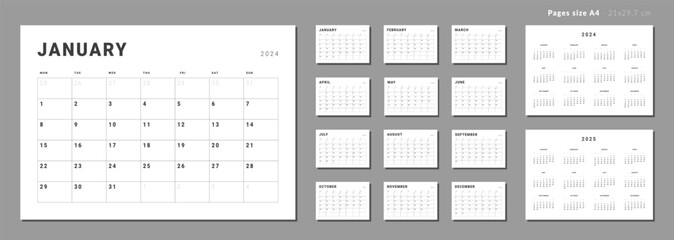 Set of Monthly pages Calendar Planner Templates 2024-2025. Vector layout of a wall or desk simple calendar with week start Monday. Calendar grid in black color for print. Pages for size A4 -21x29.7 cm