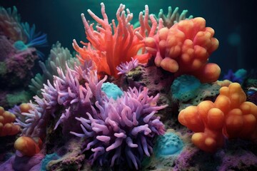 Fototapeta na wymiar coral polyps releasing colorful spawn bundles