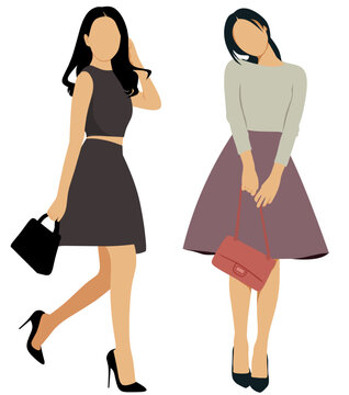 set of women in mini skirt holding purse faceless full body vector illustration