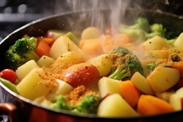 macro shot of steaming vegetable casserole