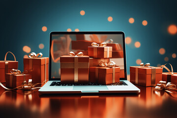Cyber monday shopping sales conceptual background with gift boxes and laptop, generative ai