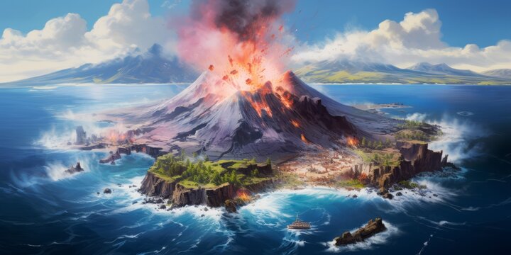 Volcano in the Ocean with a Small Island Atop, Depicted in Photorealistic Detail. This Bird's-Eye View Highlights the Explosive Wildlife and Geological Power Amidst Climate Warming Concerns