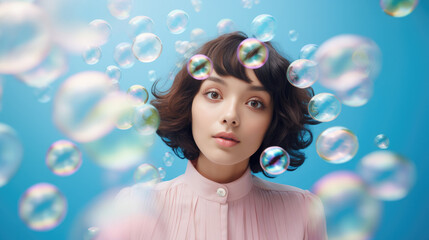 Woman enjoying being surrounded by bubbles, blue background, fun and cute, summer feeling