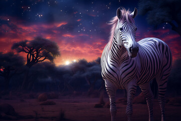 Fototapeta premium Zebra on Purple-Lavender Night: A Stunning Visual Featuring a Zebra in an Unreal, Purple-Lavender Night Setting with Room for Copy Space. Conceptual Art for Themes Like Nature, Beauty, and Surreal 