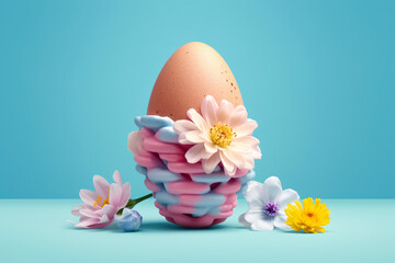 Obraz na płótnie Canvas Easter egg with flowers on blue background. 
