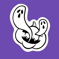 Sticker with Halloween spook. Horror shadow, ghost in pumpkin. Helloween party design element, outline tattoo. Doodle spirit for print. Drawn isolated vector illustration on white background