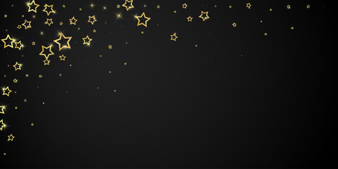 Twinkle stars scattered around randomly, flying, falling down, floating.  Christmas celebration concept. Festive stars vector illustration on black background.